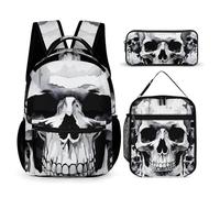 VFKLT 3 Pcs Backpack Set White And Gray Skull Graphics Travel Bag Portable Casual Daypack Sports Backpacks with Lunch Box Pencil Case, White and Gray Skull Graphics, One Size, Rucksack Backpacks