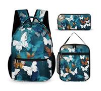 VFKLT 3 Pcs Backpack Set White Butterflies Travel Bag Portable Casual Daypack Sports Backpacks with Lunch Box Pencil Case, White Butterflies, One Size, Rucksack Backpacks