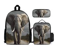 VFKLT 3D Elephant Backpack with Lunch Box Pencil Case 3 Piece Set Travel Bag Casual Daypack Laptop Backpack, White, One Size, Travel Backpacks