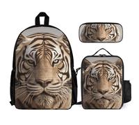 VFKLT 3D Tiger Head Backpack with Lunch Box Pencil Case 3 Piece Set Travel Bag Casual Daypack Laptop Backpack, White, One Size, Travel Backpacks
