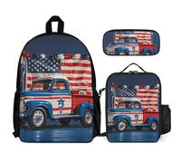 VFKLT 4th Of July Patriotic Trucks Backpack with Lunch Box Pencil Case 3 Piece Set Travel Bag Casual Daypack Laptop Backpack, White, One Size, Travel Backpacks