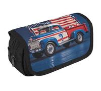 VFKLT 4th Of July Patriotic Trucks Pencil Case Double Layer Pencil Pouch Large Capacity Pencil Bag Double Zipper Portable Pen Case Makeup Bag for Men Women Travel Business Office