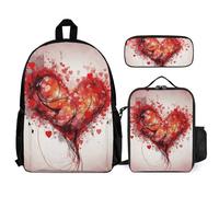 VFKLT Abstract Heart Backpack with Lunch Box Pencil Case 3 Piece Set Travel Bag Casual Daypack Laptop Backpack, White, One Size, Travel Backpacks