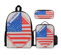 VFKLT American Flag Stars Stripes Backpack with Lunch Box Pencil Case 3 Piece Set Travel Bag Casual Daypack Laptop Backpack, White, One Size, Travel Backpacks