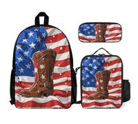 VFKLT American Flag with Cowboy Boots Backpack with Lunch Box Pencil Case 3 Piece Set Travel Bag Casual Daypack Laptop Backpack, White, One Size, Travel Backpacks