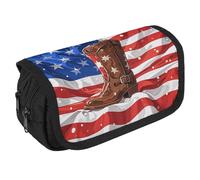 VFKLT American Flag with Cowboy Boots Pencil Case Double Layer Pencil Pouch Large Capacity Pencil Bag Double Zipper Portable Pen Case Makeup Bag for Men Women Travel Business Office