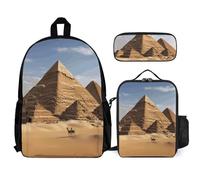 VFKLT Ancient Egypt Pyramid Backpack with Lunch Box Pencil Case 3 Piece Set Travel Bag Casual Daypack Laptop Backpack, White, One Size, Travel Backpacks