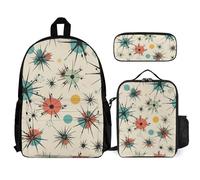 VFKLT Atomic Stars Retro Pattern Backpack with Lunch Box Pencil Case 3 Piece Set Travel Bag Casual Daypack Laptop Backpack, White, One Size, Travel Backpacks