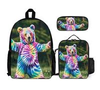 VFKLT Bear Dancing Tie Dye Backpack with Lunch Box Pencil Case 3 Piece Set Travel Bag Casual Daypack Laptop Backpack, White, One Size, Travel Backpacks