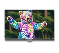 VFKLT Bear Dancing Tie Dye Business Card Holder Pocket Slim Portable Metal Business Card Case Business Card Organizer Credit Card Wallet Multi Card Case for Men Women Travel Office, silver, One Size,
