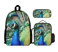 VFKLT Beautiful Peacock Backpack with Lunch Box Pencil Case 3 Piece Set Travel Bag Casual Daypack Laptop Backpack, White, One Size, Travel Backpacks