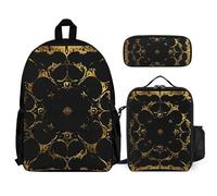 VFKLT Black And Gold Background Backpack with Lunch Box Pencil Case 3 Piece Set Travel Bag Casual Daypack Laptop Backpack, White, One Size, Travel Backpacks