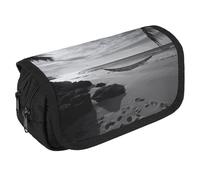 VFKLT Black And White Beach Pencil Case Double Layer Pencil Pouch Large Capacity Pencil Bag Double Zipper Portable Pen Case Makeup Bag for Men Women Travel Business Office