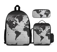 VFKLT Black And White World Map Backpack with Lunch Box Pencil Case 3 Piece Set Travel Bag Casual Daypack Laptop Backpack, White, One Size, Travel Backpacks
