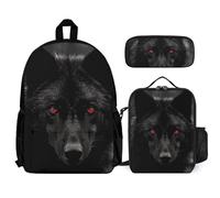 VFKLT Black Red Eyed Wolf Backpack with Lunch Box Pencil Case 3 Piece Set Travel Bag Casual Daypack Laptop Backpack, White, One Size, Travel Backpacks