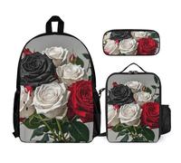 VFKLT Black White And Red Roses Backpack with Lunch Box Pencil Case 3 Piece Set Travel Bag Casual Daypack Laptop Backpack, White, One Size, Travel Backpacks