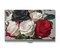 VFKLT Black White And Red Roses Business Card Holder Pocket Slim Portable Metal Business Card Case Business Card Organizer Credit Card Wallet Multi Card Case for Men Women Travel Office, silver, One
