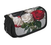 VFKLT Black White And Red Roses Pencil Case Double Layer Pencil Pouch Large Capacity Pencil Bag Double Zipper Portable Pen Case Makeup Bag for Men Women Travel Business Office