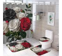 VFKLT Black White and Red Roses Shower Curtain 4 Piece Set with Non-Slip Bath Mat Toilet Rugs Toilet Lid Cover and 12 Hooks Waterproof Bath Curtain for Bathroom Decor Sets