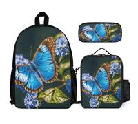 VFKLT Blue Butterfly Backpack with Lunch Box Pencil Case 3 Piece Set Travel Bag Casual Daypack Laptop Backpack, White, One Size, Travel Backpacks