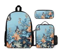 VFKLT Blue Butterfly Floral Backpack with Lunch Box Pencil Case 3 Piece Set Travel Bag Casual Daypack Laptop Backpack, White, One Size, Travel Backpacks