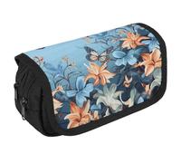 VFKLT Blue Butterfly Floral Pencil Case Double Layer Pencil Pouch Large Capacity Pencil Bag Double Zipper Portable Pen Case Makeup Bag for Men Women Travel Business Office