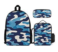 VFKLT Blue Camouflage Print Backpack with Lunch Box Pencil Case 3 Piece Set Travel Bag Casual Daypack Laptop Backpack, White, One Size, Travel Backpacks