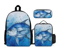 VFKLT Blue Fish Backpack with Lunch Box Pencil Case 3 Piece Set Travel Bag Casual Daypack Laptop Backpack, White, One Size, Travel Backpacks