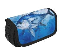 VFKLT Blue Fish Pencil Case Double Layer Pencil Pouch Large Capacity Pencil Bag Double Zipper Portable Pen Case Makeup Bag for Men Women Travel Business Office