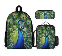 VFKLT Blue Peacock Backpack with Lunch Box Pencil Case 3 Piece Set Travel Bag Casual Daypack Laptop Backpack, White, One Size, Travel Backpacks