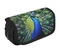 VFKLT Blue Peacock Pencil Case Double Layer Pencil Pouch Large Capacity Pencil Bag Double Zipper Portable Pen Case Makeup Bag for Men Women Travel Business Office