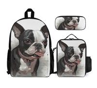 VFKLT Boston Terrier Backpack with Lunch Box Pencil Case 3 Piece Set Travel Bag Casual Daypack Laptop Backpack, White, One Size, Travel Backpacks