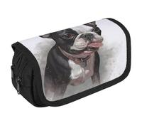 VFKLT Boston Terrier Pencil Case Double Layer Pencil Pouch Large Capacity Pencil Bag Double Zipper Portable Pen Case Makeup Bag for Men Women Travel Business Office