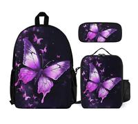 VFKLT Butterfly Purple Backpack with Lunch Box Pencil Case 3 Piece Set Travel Bag Casual Daypack Laptop Backpack, White, One Size, Travel Backpacks