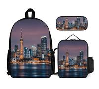 VFKLT City Picture Night Backpack with Lunch Box Pencil Case 3 Piece Set Travel Bag Casual Daypack Laptop Backpack, White, One Size, Travel Backpacks