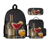 VFKLT Cocktail Glasses And Wine Bottles Backpack with Lunch Box Pencil Case 3 Piece Set Travel Bag Casual Daypack Laptop Backpack, White, One Size, Travel Backpacks