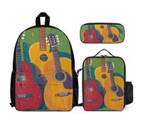 VFKLT Color Acoustic And Guitars Backpack with Lunch Box Pencil Case 3 Piece Set Travel Bag Casual Daypack Laptop Backpack, White, One Size, Travel Backpacks
