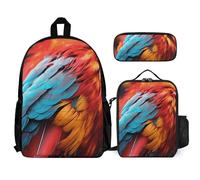 VFKLT Colorful Feathers Backpack with Lunch Box Pencil Case 3 Piece Set Travel Bag Casual Daypack Laptop Backpack, White, One Size, Travel Backpacks