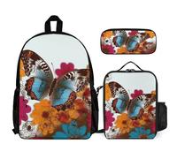 VFKLT Colorful Flower Butterfly Backpack with Lunch Box Pencil Case 3 Piece Set Travel Bag Casual Daypack Laptop Backpack, White, One Size, Travel Backpacks