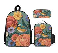 VFKLT Colorful Flowers And Bird Backpack with Lunch Box Pencil Case 3 Piece Set Travel Bag Casual Daypack Laptop Backpack, White, One Size, Travel Backpacks