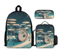 VFKLT Cool Drums Set Backpack with Lunch Box Pencil Case 3 Piece Set Travel Bag Casual Daypack Laptop Backpack, White, One Size, Travel Backpacks