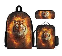 VFKLT Cool Tiger in Flame Backpack with Lunch Box Pencil Case 3 Piece Set Travel Bag Casual Daypack Laptop Backpack, White, One Size, Travel Backpacks