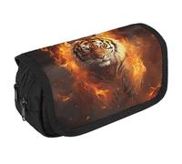 VFKLT Cool Tiger in Flame Pencil Case Double Layer Pencil Pouch Large Capacity Pencil Bag Double Zipper Portable Pen Case Makeup Bag for Men Women Travel Business Office