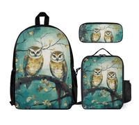 VFKLT Couple Owl Perch Tree Backpack with Lunch Box Pencil Case 3 Piece Set Travel Bag Casual Daypack Laptop Backpack, White, One Size, Travel Backpacks