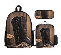 VFKLT Cowboy Black Hat Western Boots Backpack with Lunch Box Pencil Case 3 Piece Set Travel Bag Casual Daypack Laptop Backpack, White, One Size, Travel Backpacks