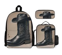 VFKLT Cowboy Black Hat Western Boots Backpack with Lunch Box Pencil Case 3 Piece Set Travel Bag Casual Daypack Laptop Backpack, White, One Size, Travel Backpacks