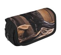 VFKLT Cowboy Black Hat Western Boots Pencil Case Double Layer Pencil Pouch Large Capacity Pencil Bag Double Zipper Portable Pen Case Makeup Bag for Men Women Travel Business Office