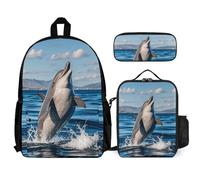 VFKLT Cute Dolphin Jumping Backpack with Lunch Box Pencil Case 3 Piece Set Travel Bag Casual Daypack Laptop Backpack, White, One Size, Travel Backpacks