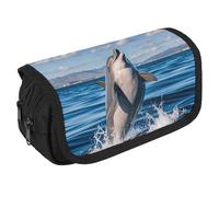 VFKLT Cute Dolphin Jumping Pencil Case Double Layer Pencil Pouch Large Capacity Pencil Bag Double Zipper Portable Pen Case Makeup Bag for Men Women Travel Business Office