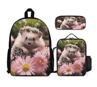 VFKLT Cute Hedgehog in Flowers Backpack with Lunch Box Pencil Case 3 Piece Set Travel Bag Casual Daypack Laptop Backpack, White, One Size, Travel Backpacks